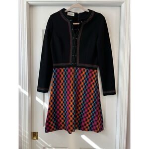 Vintage Lace Up Bright Knit Black Embroidered Dress 60's Mod‎ Retro Small Medium